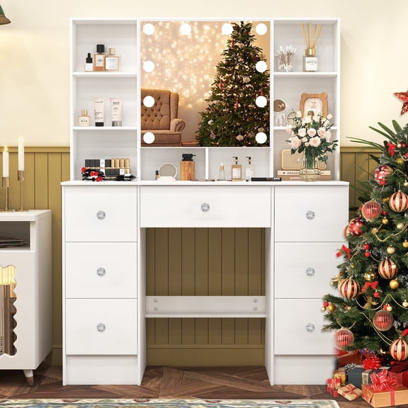 Teousev Vanity Desk with Lighted Mirror, 7 Drawers and Shelves, Modern Makeup Table for Girls Bedroom, White