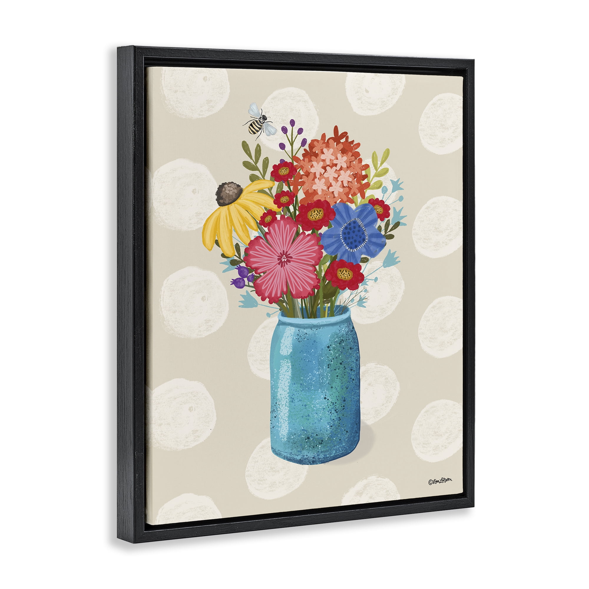 Stupell Industries Polka Dot Flower Vase Plants & Flowers Painting Black Floater Framed Canvas Art Print Wall Art, 25 x 31