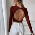 thumbnail image 4 of SWSMCLT Women's Sweater Knit Long Sleeve Crop Top Soft Backless Casual Crewneck Winter Cropped Top Ribbed Burgundy Large, 4 of 4