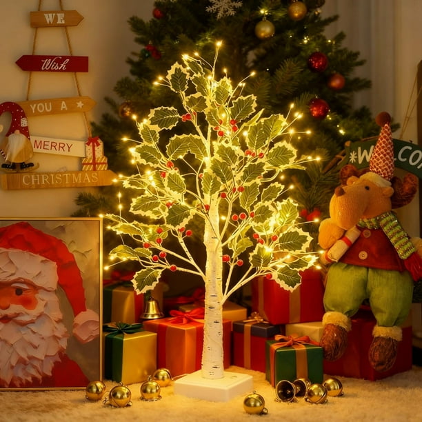 cpengpj 23.5in Christmas Tree Light with Red Berries and 72 Warm White LED Lights, USB/Battery Powered with Timer, Metal Frame Tabletop Tree for Indoor Holiday Home Decor