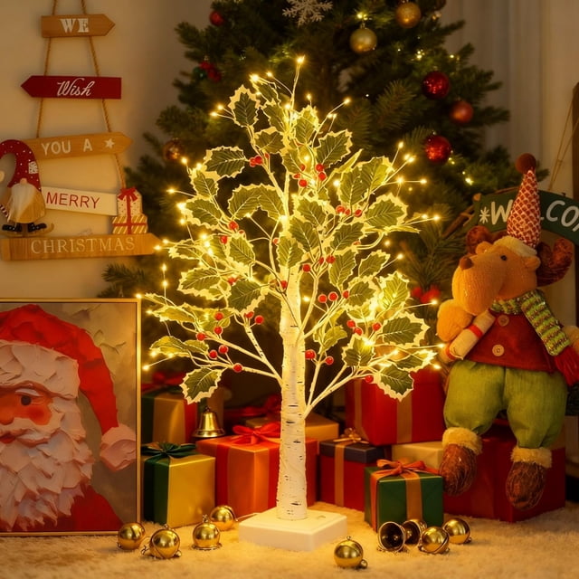 AHMT Christmas Lighted Birch Trees with Red Berries, 24 Inch LED Artificial Lamp with Timer, DIY Birch Tree With Lights, USB/Battery Powered, Fairy Light Spirit Tree for Table Home