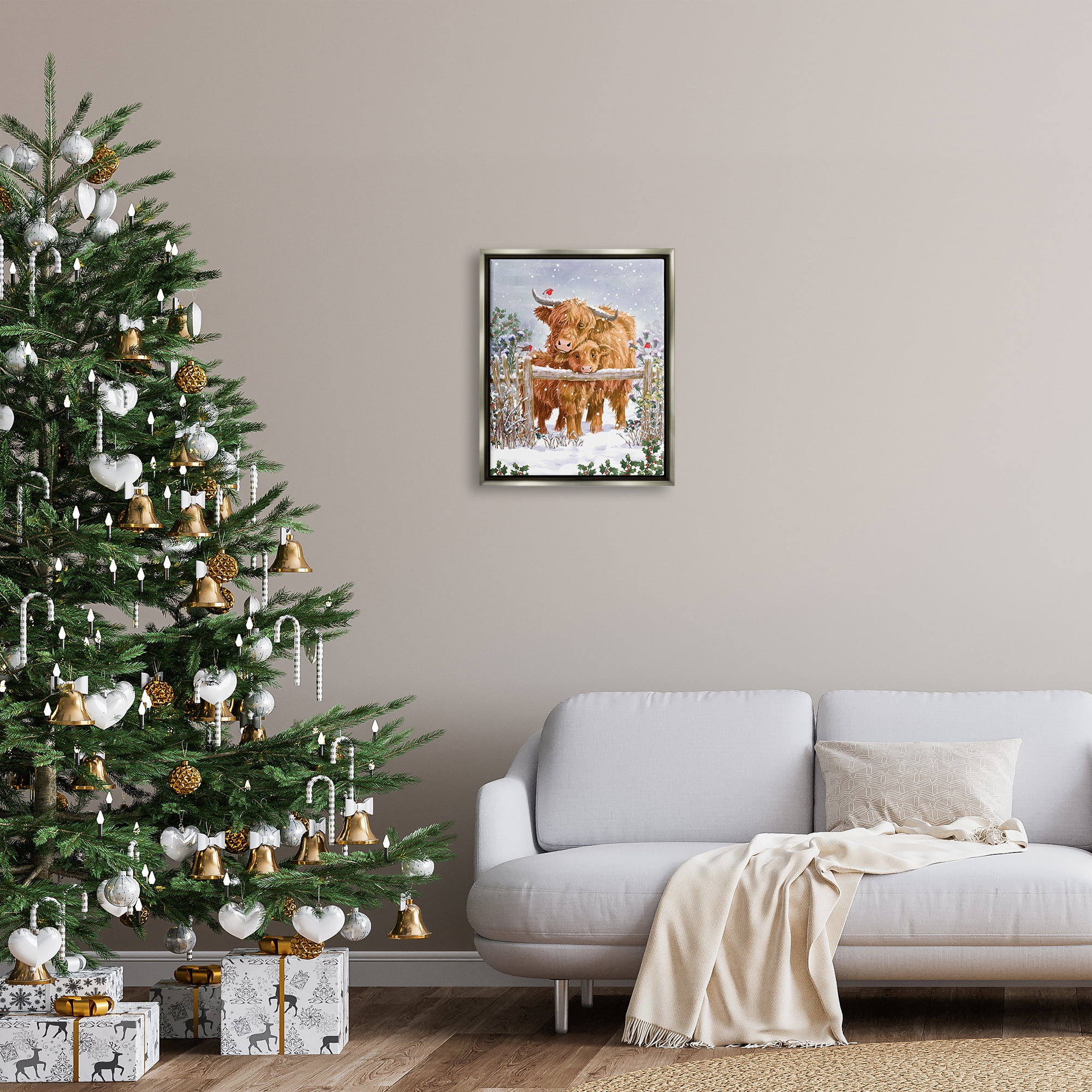 Stupell Industries Winter Cattle Cuddling Snow Scene Holiday Painting Gray Floater Framed Art Print Wall Art