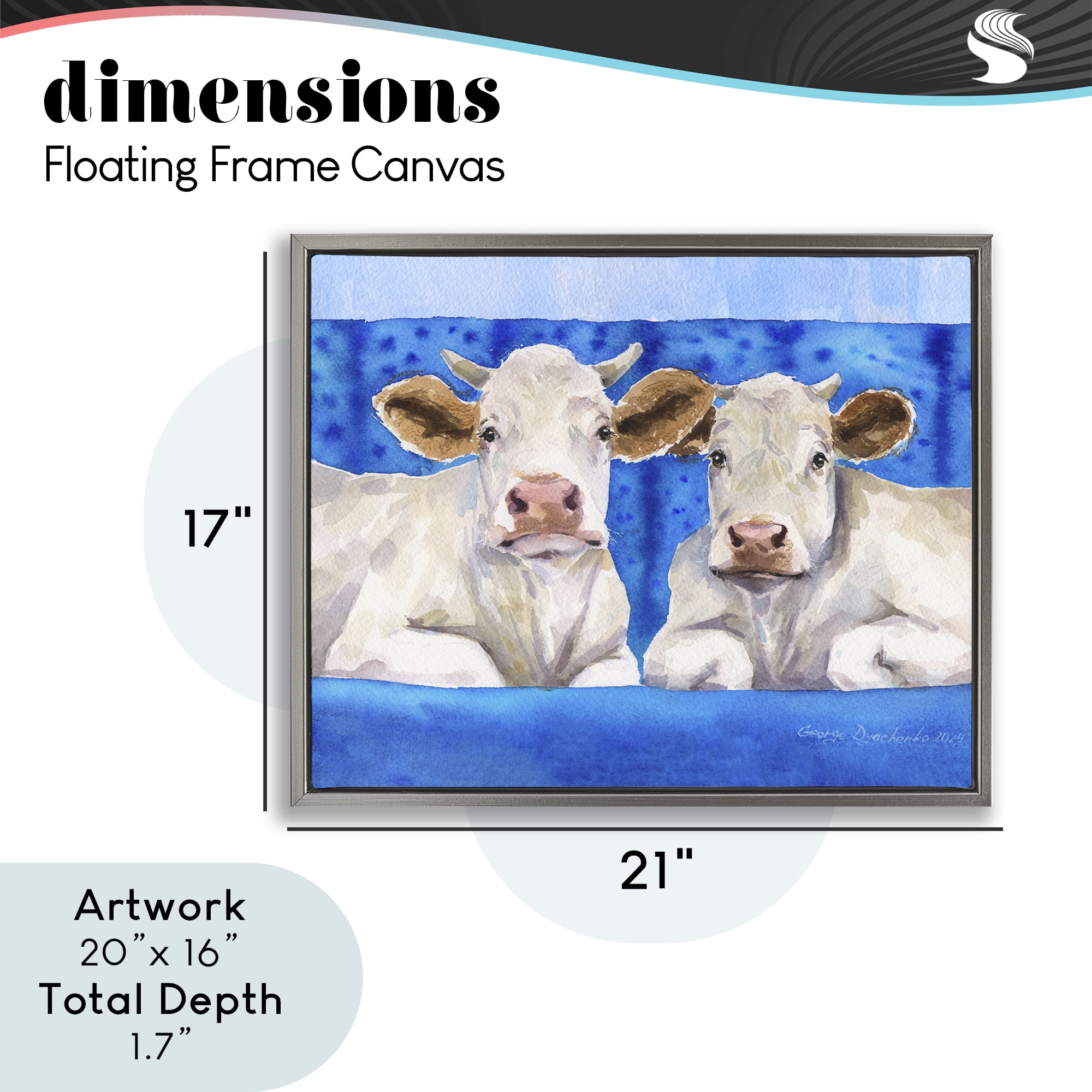 Stupell Industries White Cows on Blue Sofa Gray Framed Floater Canvas Wall Art, design by George Dyachenko