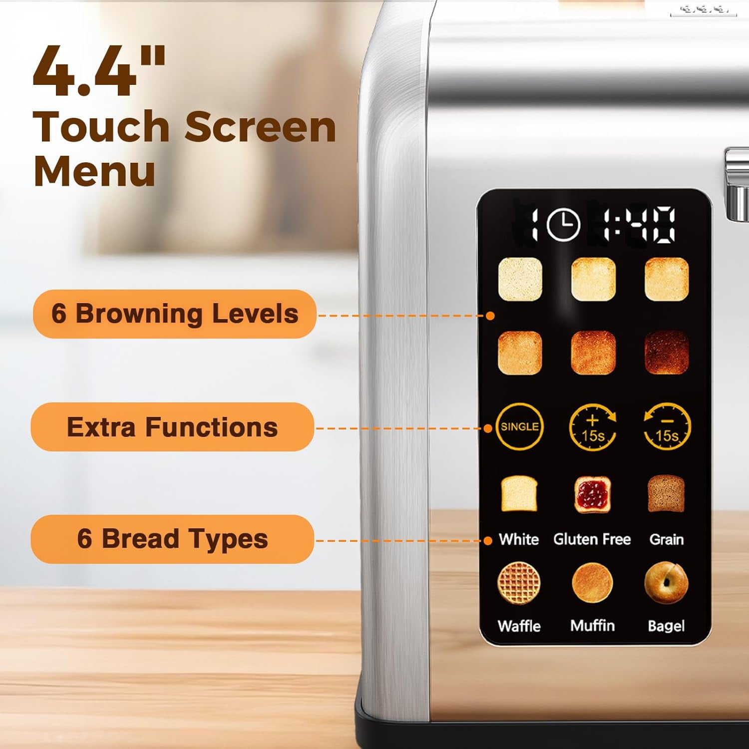 2 Slice Easy Touch Screen Toaster, Stainless Steel Toaster with Wide Slots, Even Toasting for Bagels & Bread, Reheat & Defrost, Removable Crumb Tray, Silver