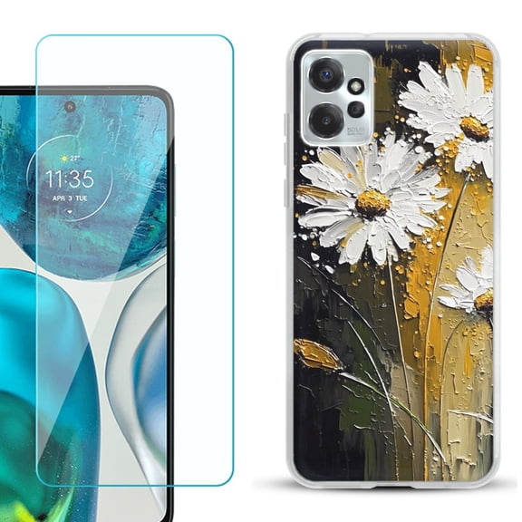 OneToughShield ® for Motorola Moto G Power 5G 2023 Shockproof Fashion Phone Case, with Tempered Glass Screen Protector - Abstract Daisy