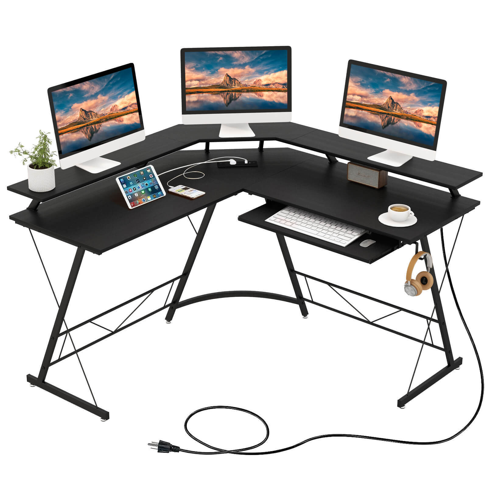 Amijoy L-shaped Computer Corner Desk, 51" Reversible L Shaped Home Office Desk w/Power Outlet, USB Ports, Monitor Stand, Keyboard Tray