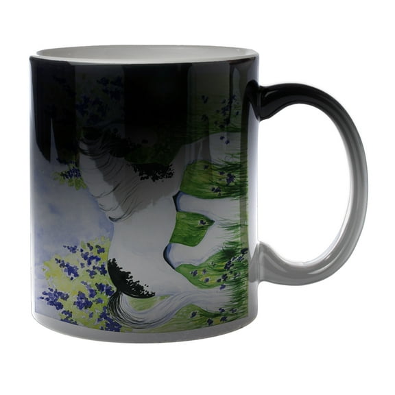 KuzmarK Black Heat Morph Color Changing Coffee Cup Mug 11 Ounce - Piebald Gypsy Cob with Lilacs and Violets Horse Art by Denise Every