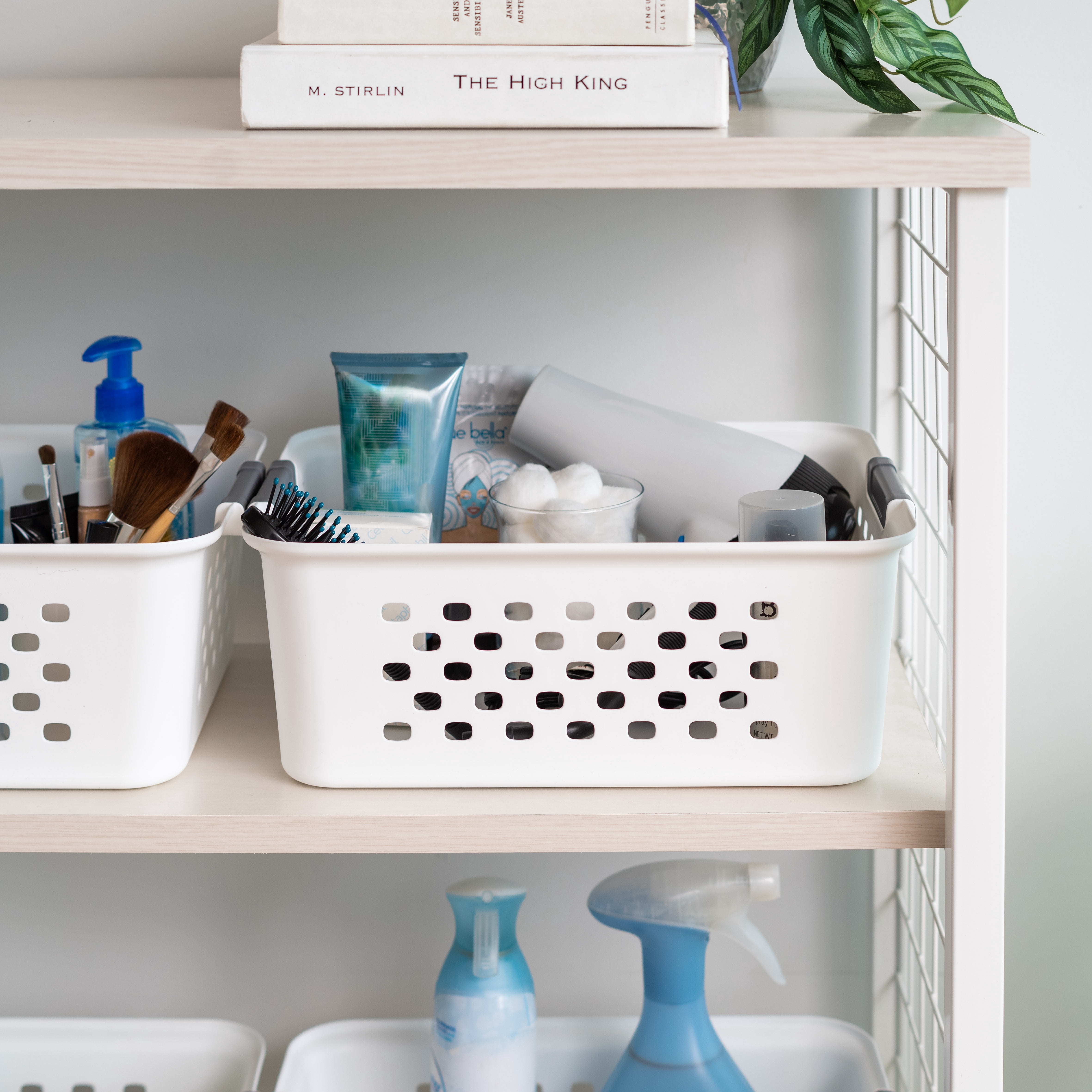 IRIS Plastic Storage Basket, Medium, Shelf Basket Organizer for Pantries, Kitchens, Cabinets, Bedrooms, White