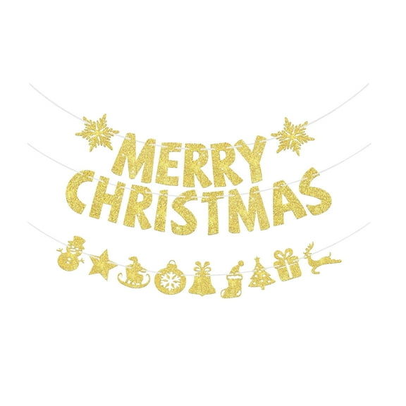 Merry Christmas Letter Banner – Gold Glitter Paper Pull Flag Garland for Holiday Party Wall Decoration, Reusable Hanging Banner