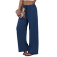 thumbnail image 3 of Wide Leg Pants for Women Drawstring Elastic Waist Trousers with Pockets Summer Vacation Clothes Navy Blue L, 3 of 9