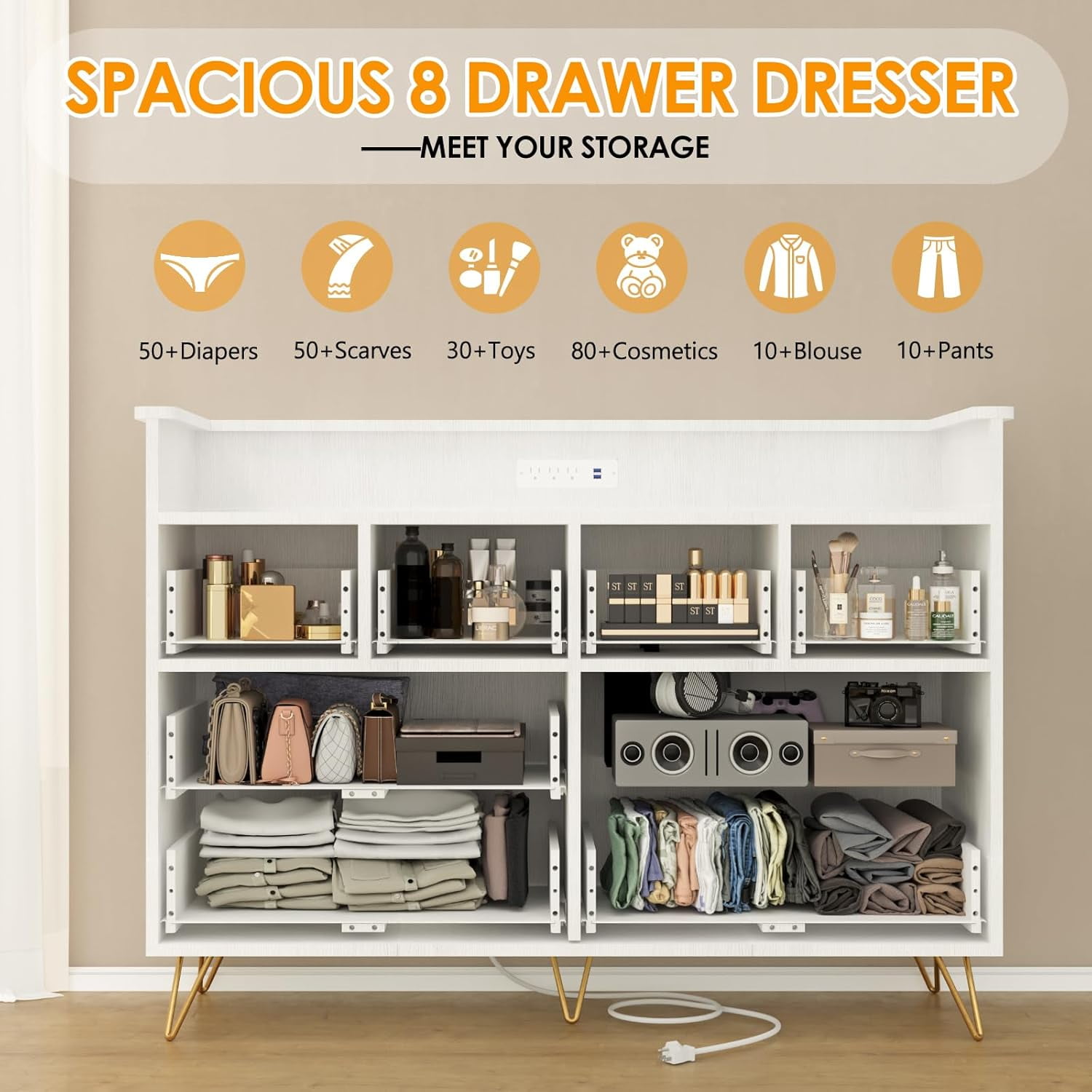 White Dresser for Bedroom with LED Light & Charging Station, 8 Drawers Wooden Dressers with Open Space, Modern Chest of Wide Drawers for Living Room, Entryway, Hallway