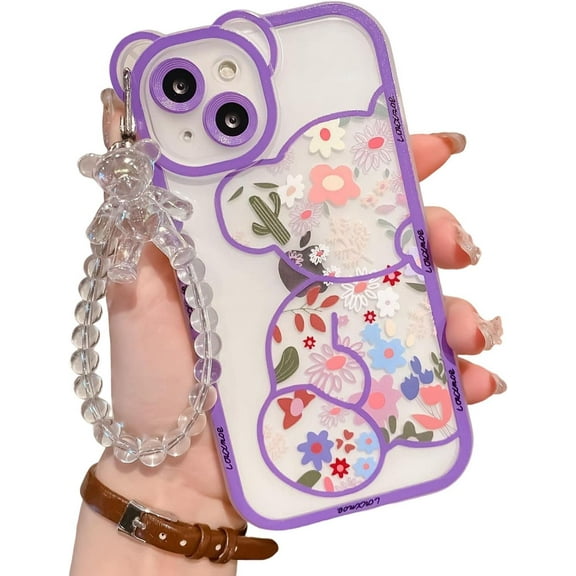 iPhone 8 Case with Cute Flowers Bear Pattern, Camera Protector, Clear Case and Lovely Strap Bracelet Chain, Compatible for iPhone 8 for Girls Women (Purple)