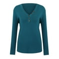 thumbnail image 3 of DPTALR Women's V-neck Pullover Casual Stitching Solid Color Long Sleeve Top Blouse, 3 of 7
