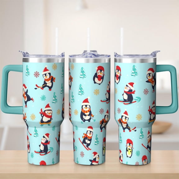 Cute penguin tumbler 40 oz tumbler with handle and straw 304 stainless steel travel cup coffee mug water bottle suitable as a gifts for women mom gifts gift for penguin lovers