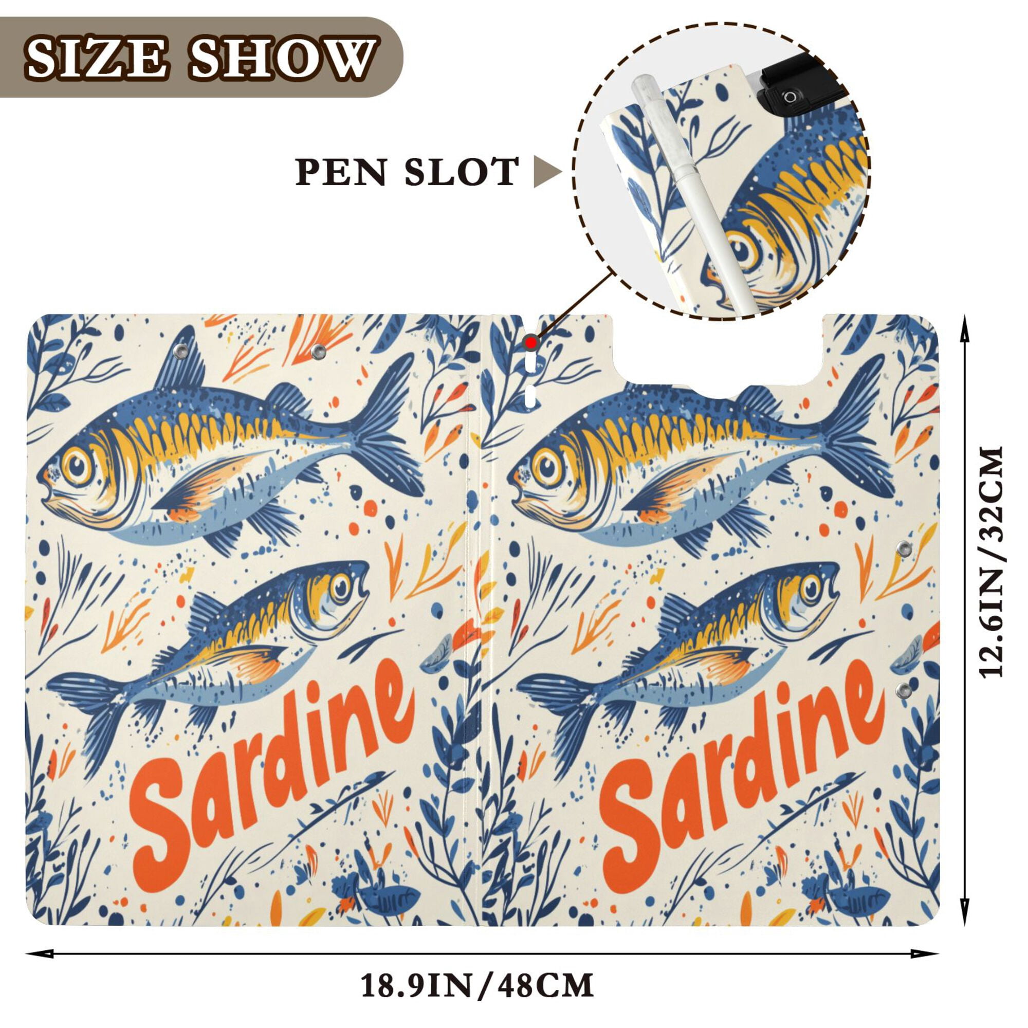 FORMRS A4 Clipboard Folder with Pen Holder Horizontal Foldable School Office Binder, Blue Sardines Pattern