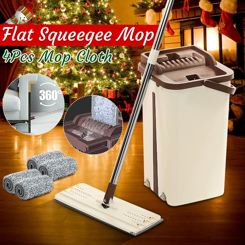 Flat Floor Mop and Bucket Set , Self Cleaning , Automatic Squeeze , Free Hand Washing Mop - 2/4Pcs Microfiber Reusable Washable Pads Included
