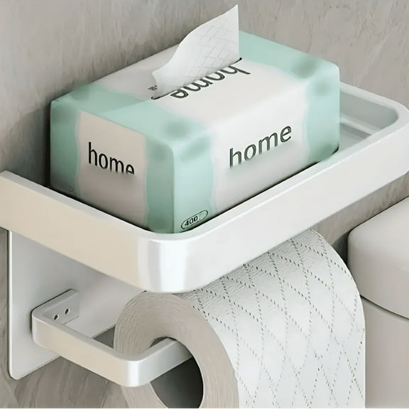 LAMIRO Self Adhesive Toilet Paper Holder with Phone Shelf Free Punch Wall Mounted Toilet Roll Holder Bathroom Washroom Toilet Paper Holder Stand White