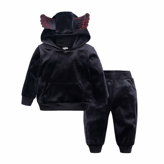 Toddler Kids 2PCS Velvet Tracksuit, Boys Girls Kids Fleece Hooded Sweatshirt with Sweat Pants Sweatsuit Cute Outfits Set Children's Travel Outfits Black 3-4Y