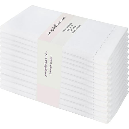 PurpleEssences 12 Hemstitch Cotton Dinner Napkins - Soft, Durable, Washable | 18x18 - White