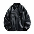 thumbnail image 2 of YueHuiYing Men's Lapel Leather Jacket Solid Color With Zipper Pockets Stylish Long Sleeve Biker Coat Casual Outwear Jackets, 2 of 9