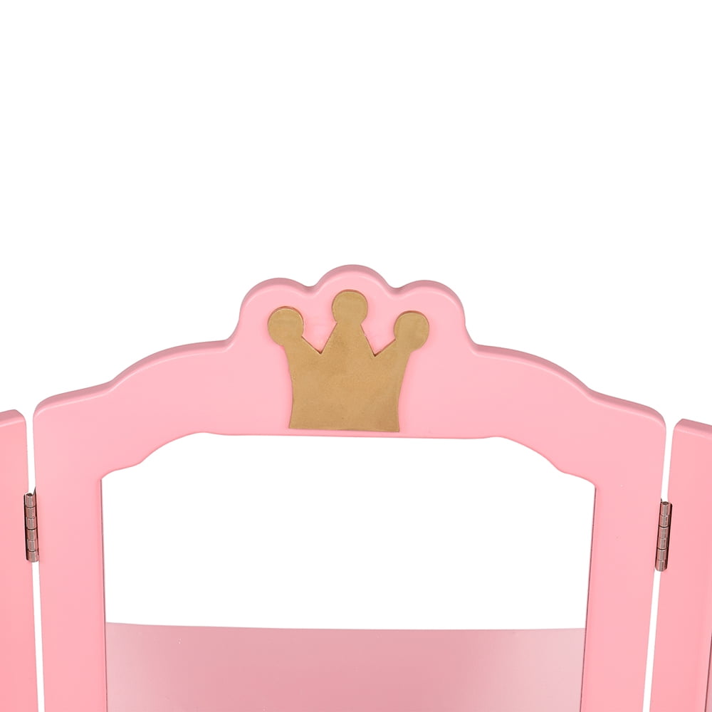 Private Jungle Children's Wooden Dressing Table Three-Sided Folding Mirror Dressing Table Chair Single Drawer,Pink Crown Style Private Jungle Children's Wooden Dressing Table Three-Sided Folding Mirror Dressing Table Chair Single Drawer,Pink Crown Style