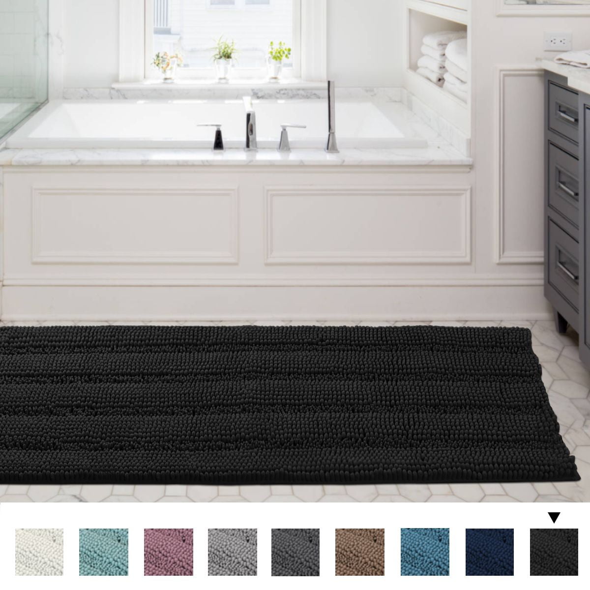 Striped Shaggy Long Rugs for Bathroom Cozy Shag Collection Black Solid