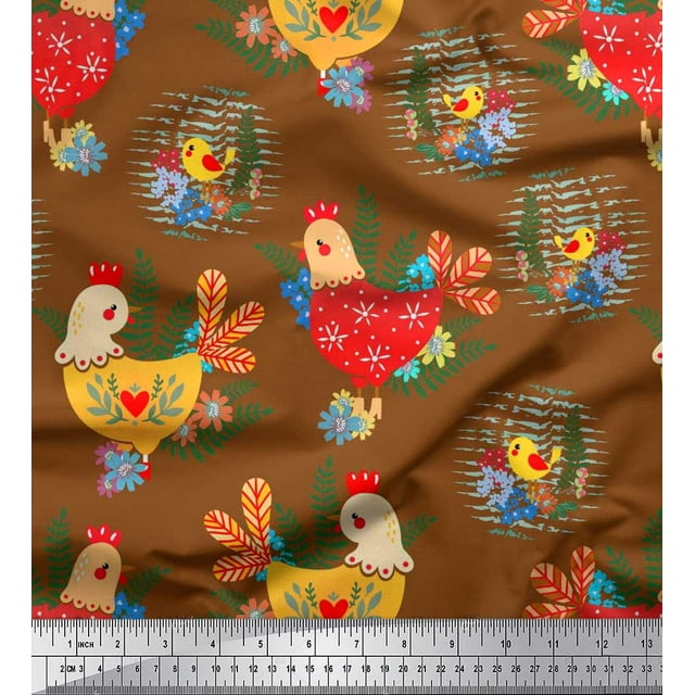 Soimoi Georgette Viscose Fabric Floral,Chick & Cock Cartoon Fabric Prints by Yard 42 Inch Wide