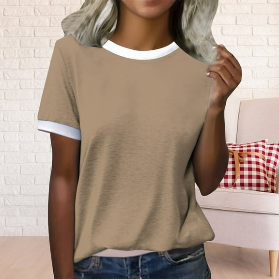 Sweet Home Farm Short Sleeve Shirts for Women Spring Round Neck Color Blocked Loose Casual T Shirt T Shirts for Women Khaki