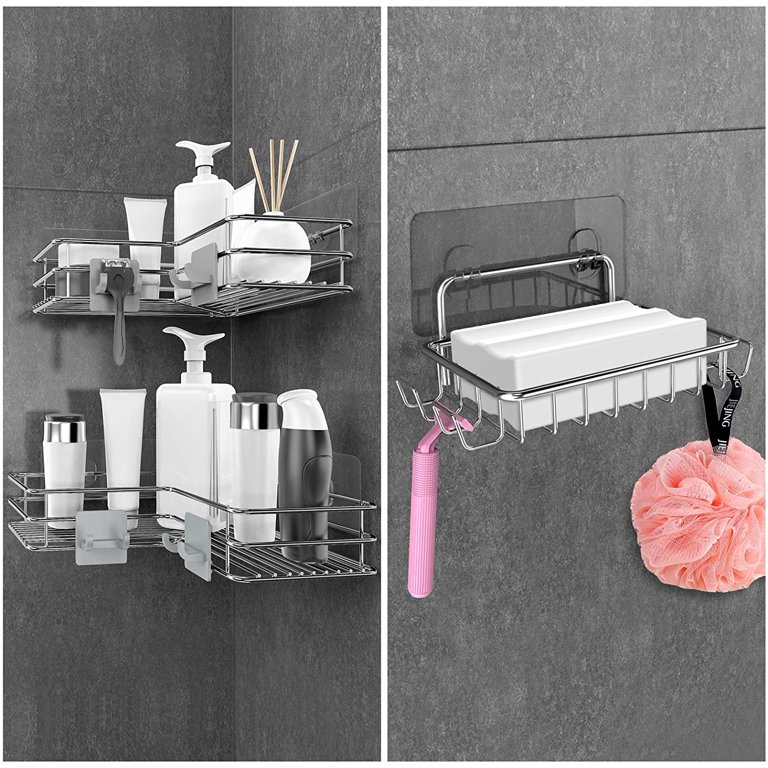 Nieifi Bar Soap Holder for Shower Wall with 4 Hooks, Stainless Steel  Adhesive Soap Dish for Bathroom, Silver