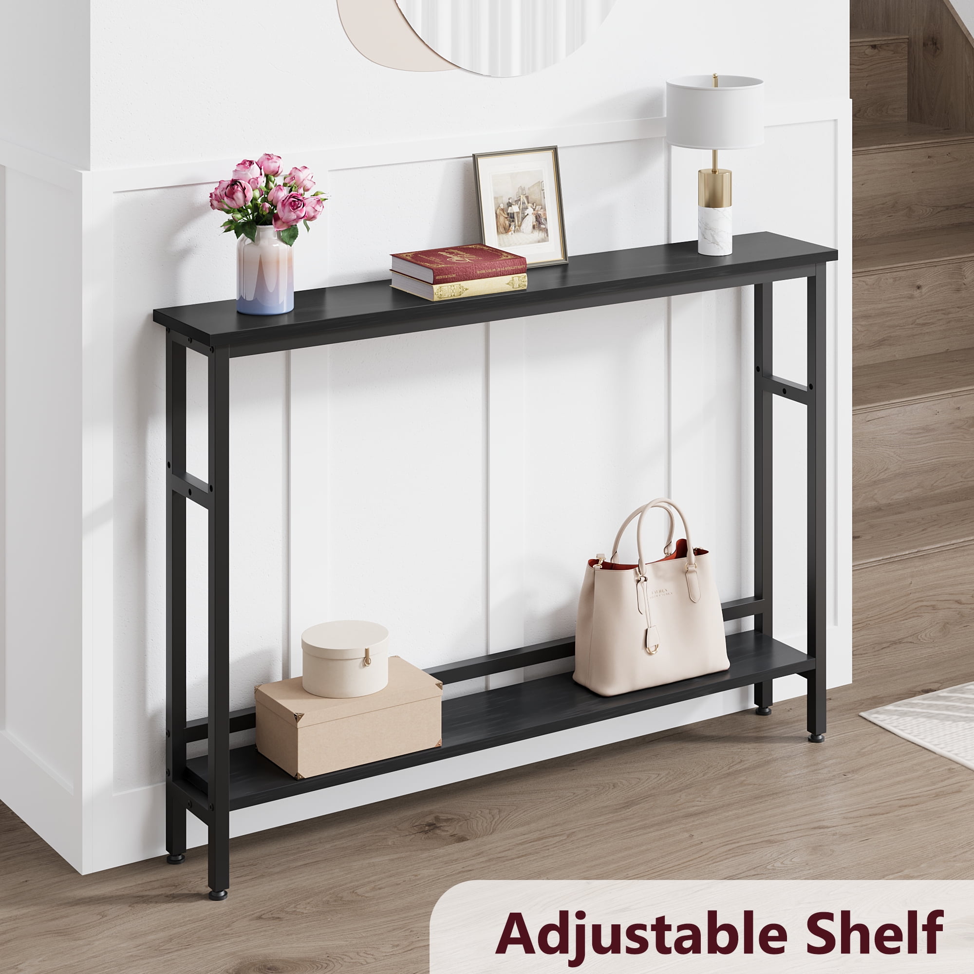 strundghti 5.9"W Wood Narrow Console Table, 2 Tier Skinny Behind Sofa Table with Adjustable Shelf