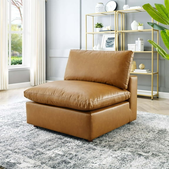Modway Commix Down Filled Overstuffed Vegan Leather Armless Chair in Tan