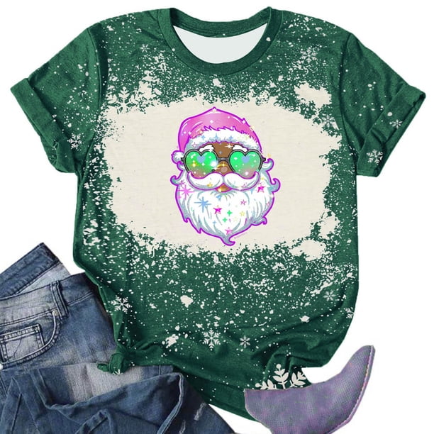 Puntoco Camiseta de manga corta con cuello redondo y estampado navideño a la moda para mujer