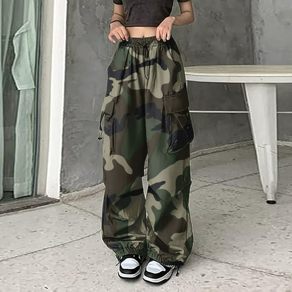 Wide Leg Pants Woman Mid Waisted Solid Color Baggy Cargo Camo Pants Streetwear Hop Joggers Sweatpants Drawstring Trousers 2025 Fall Slacks with Pockets