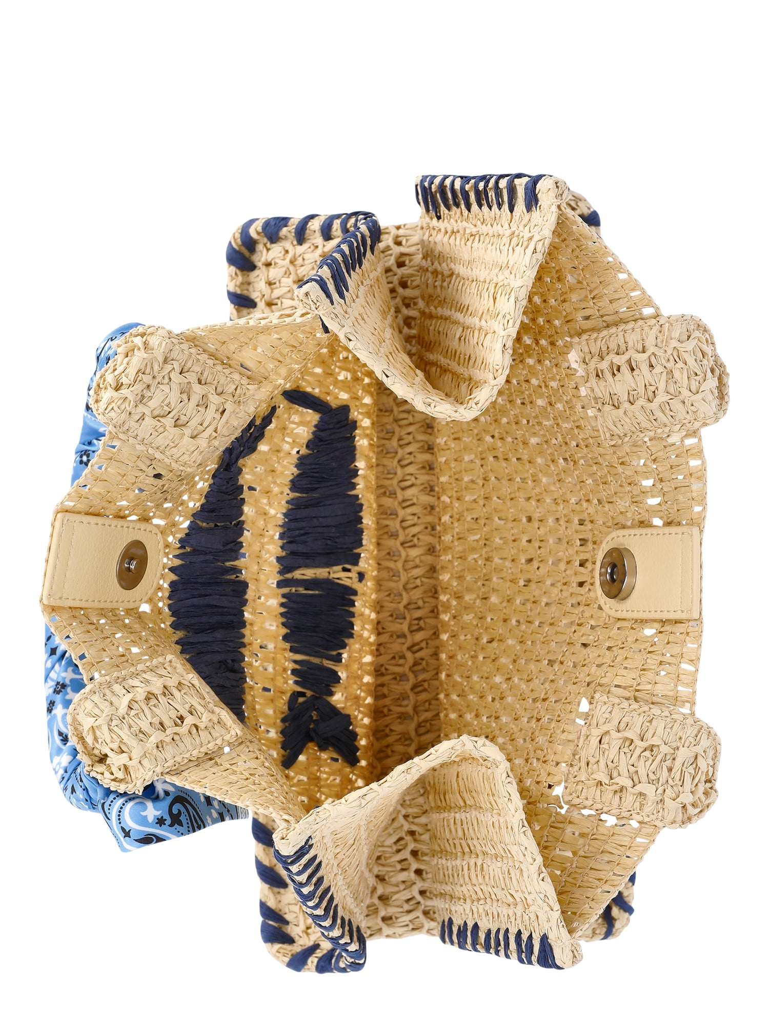 No Boundaries Women's Beach Icons Mini Straw Tote Bag, Light Natural with Fish Embroidery