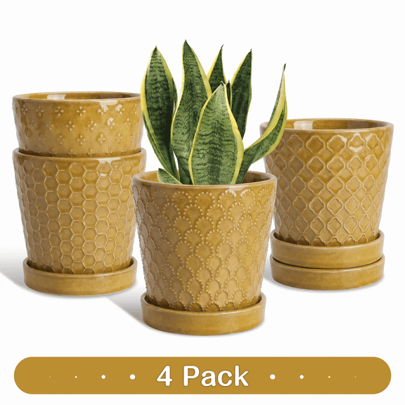 BUYMAX 5 inch Desert Ochre Ceramic Plant Pots with Drainage Holes & Saucers, 4-Pack for Herbs, Cactus, Succulents, Home Office Decor