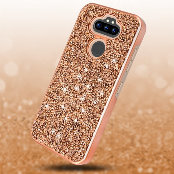 LG Phoenix 5 /Tribute Monarch /K8x Phone Case Glitter Mini Rhinestone Rugged Hybrid Rubber Hard PC Crystal Bling Diamonds Electroplated Cover ROSE GOLD for LG Tribute Monarch,LG K8x,LG Phoenix 5