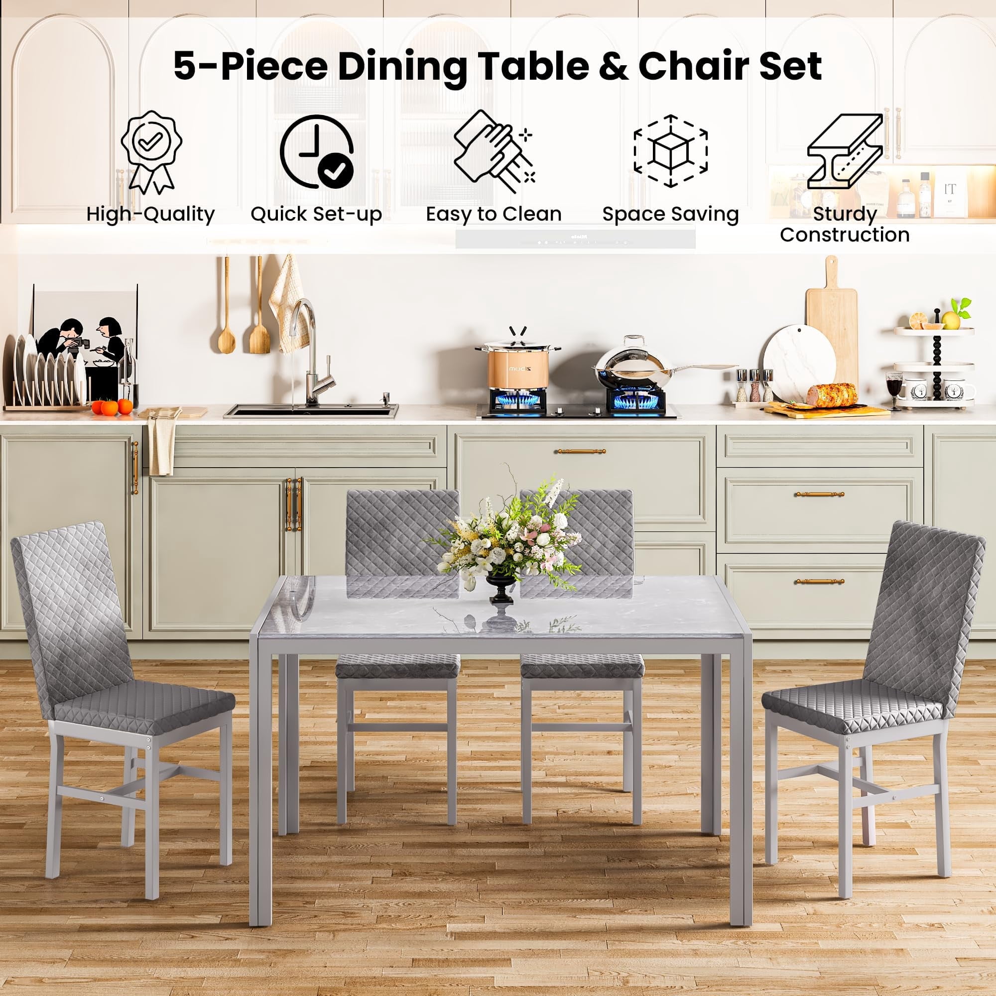 Baxluxe Dining Set for 4, Modern 5-Piece Dining Table Set, Metal Glass Dining Table and 4 PU Leather Upholstered Chairs for Apartments, Dining Rooms, Small Spaces, Gray