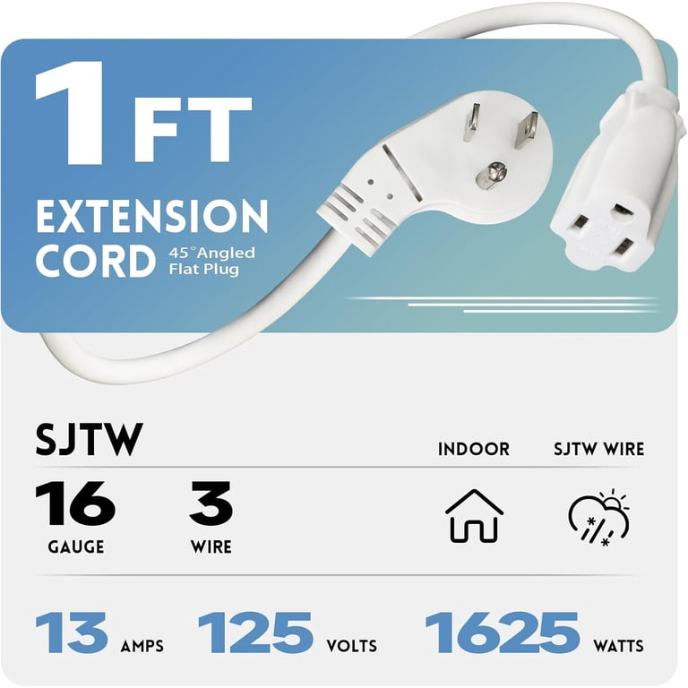 Iron Forge Cable Flat Plug Extension Cord – 8 Ft, 3 Outlets, 16/3 Gauge, 13 Amp, White, For Home & Office