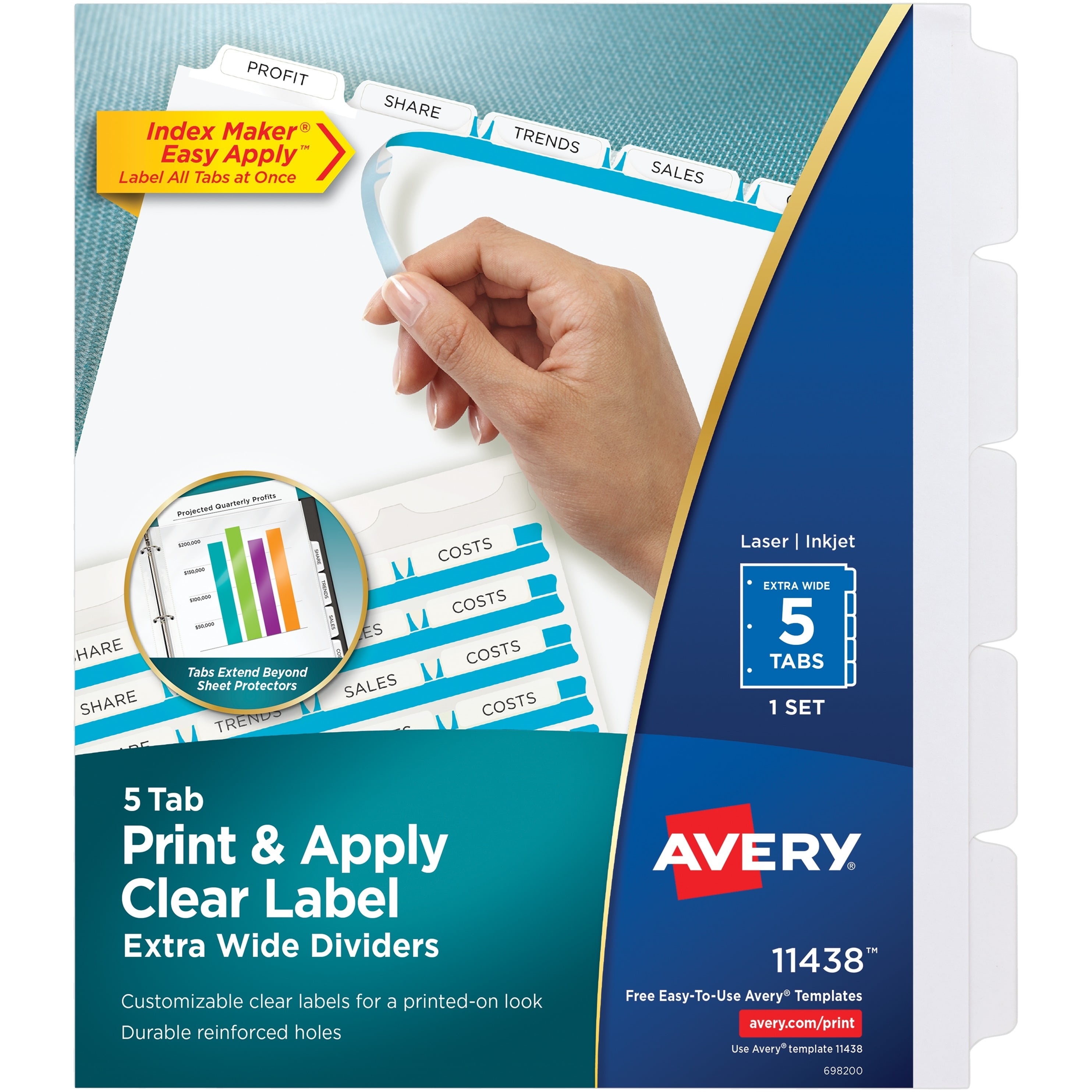 Avery Print & Apply Clear Label Extra-Wide Dividers, Index Maker Easy Apply Printable Label Strip, 5 White Tabs (11438)