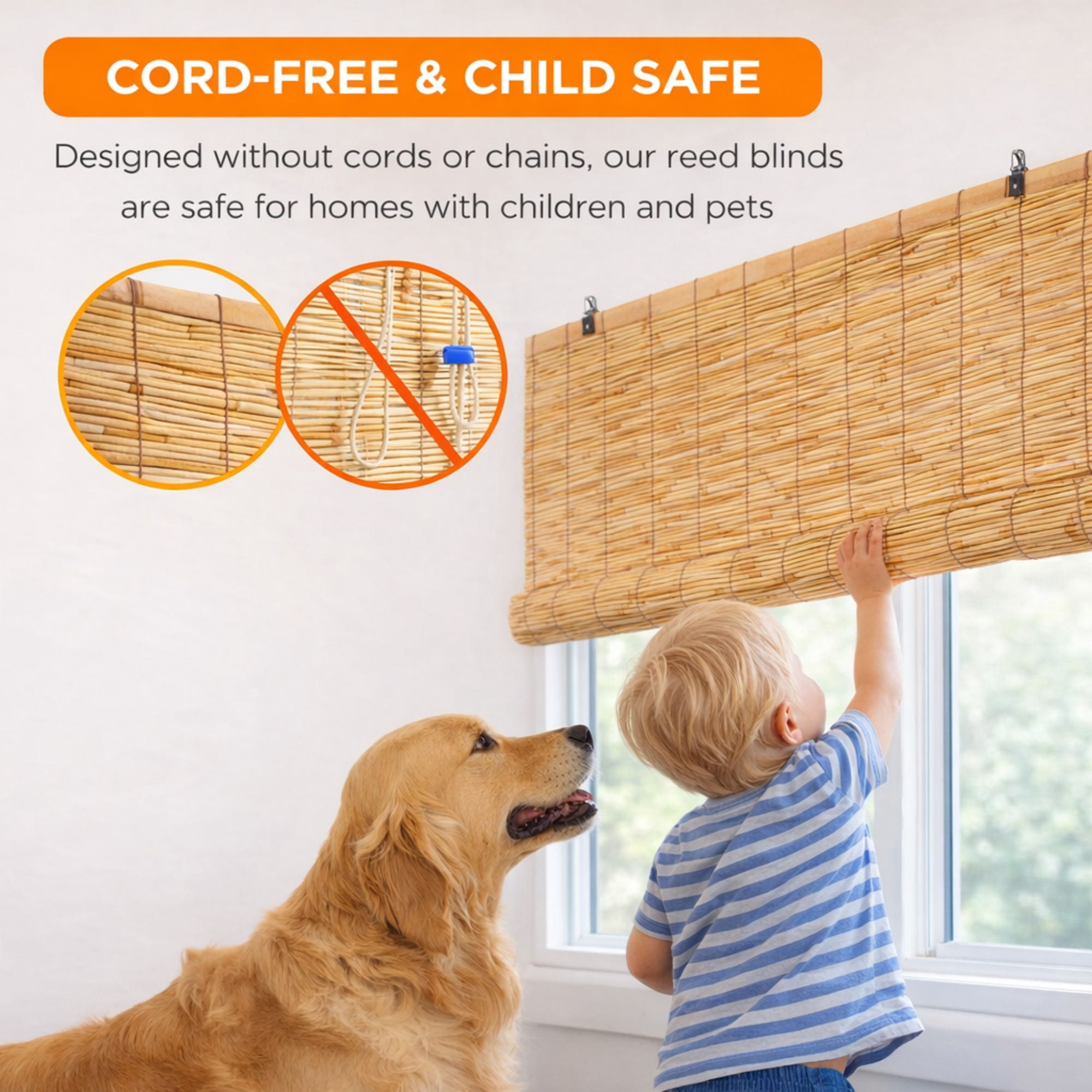 Backyard X-Scapes Reed Blinds Manual Roll-Up Cord Free Roman Shades, Natural, 60" W x 72" H