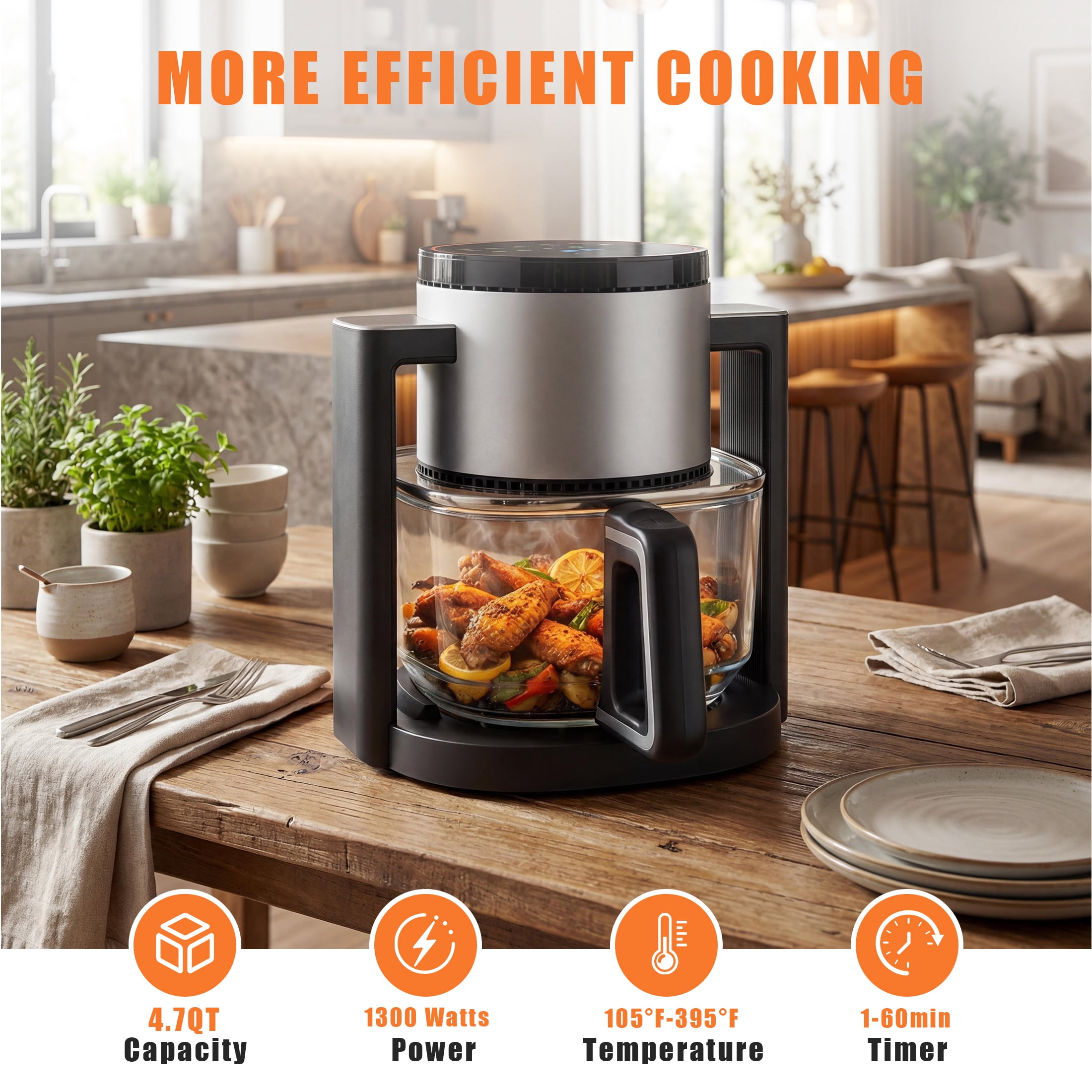 edx Glass Air Fryer, 4.5L Transparent Cooking Bowl, Reheat Function, Temperature Control, Dishwasher Safe, Black