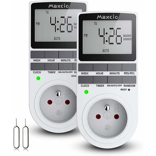 Digital Programmable Sockets (2 Pack) with Daily/Weekly Digital Timer, LCD Display, Anti-Theft Random Mode, Energy Saving, 16A/3680W Max