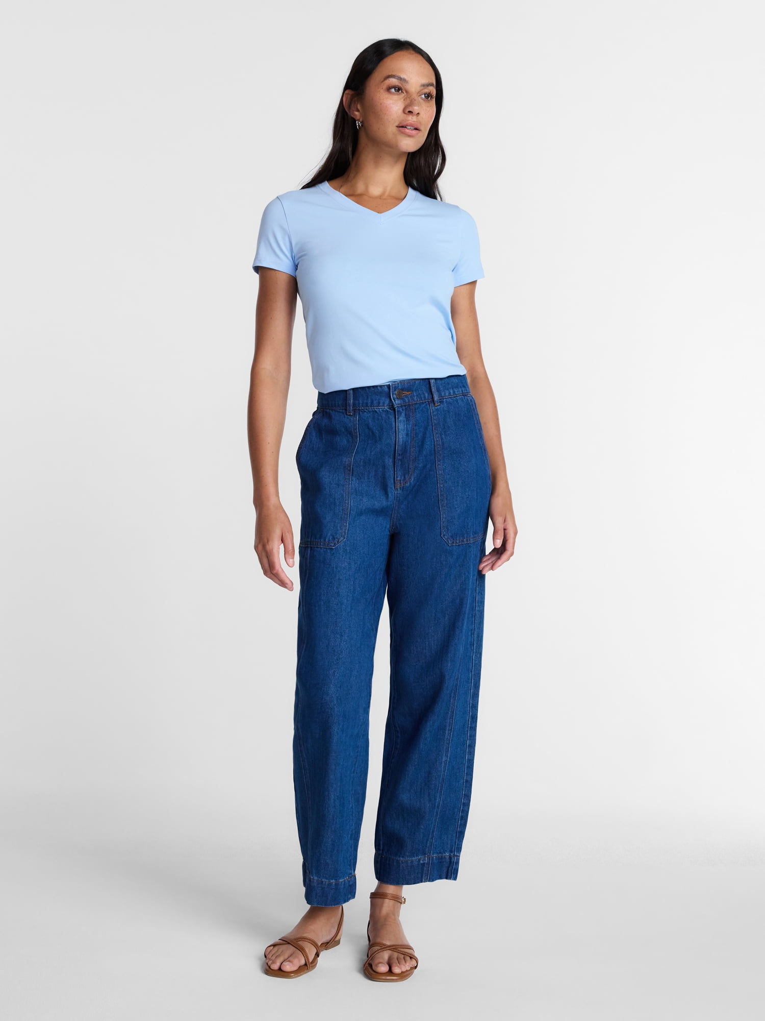Time and Tru Women's Slim V Neck Tee with Short Sleeves, Sizes XS-XXXL