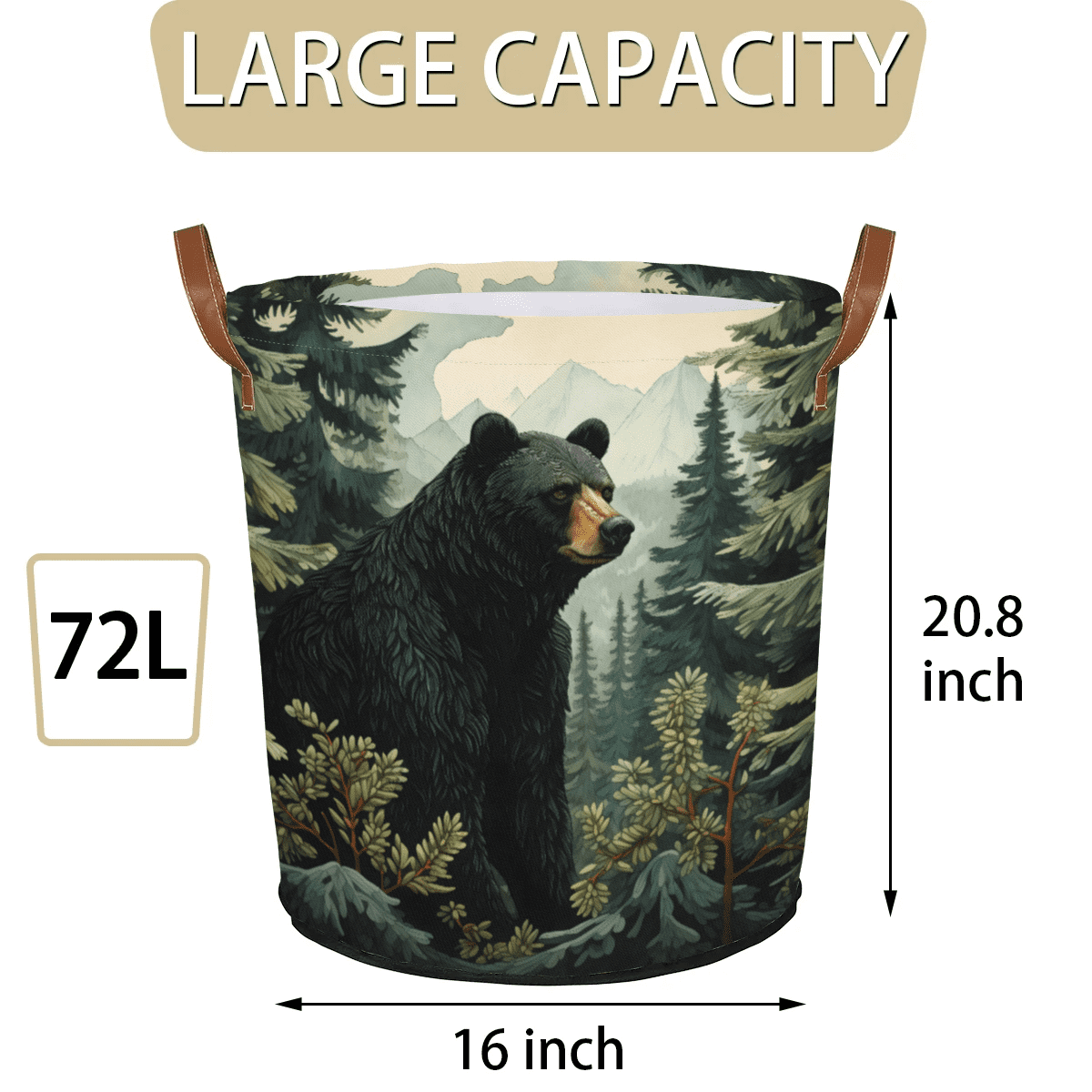 ADECORIVY Black Bear Forest Laundry Basket Waterproof Collapsible Hamper With Handles Oxford Cloth Dirty Clothes Tote for Bathroom, Bedroom, Living Room