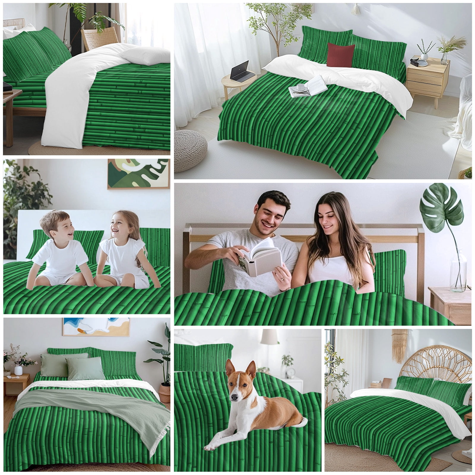 Green Bamboos Queen Duvet Cover Set, Natural Vintage Bamboos Tree Plant Image 4 Piece Microfiber Bedding Set with Zipper Closure, Bed Sheet and 2 Pillow Shams, Soft Bedding Cover