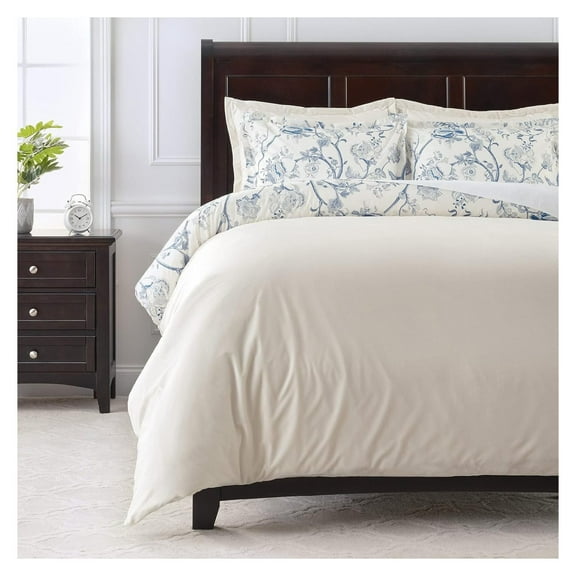 Premium 5-Piece Reversible Soft Brushed Microfiber Bedding Comforter Duvet Cover Set - Blue Cream Toile Floral Botanical Print - (1 Duvet Cover & 4 Pillow Shams) - Queen Bed Queen / Full Peony Creme