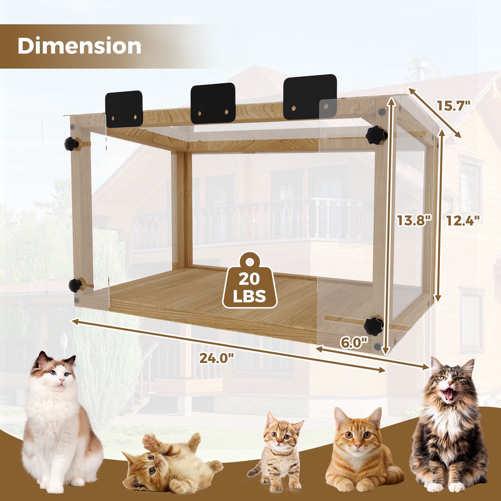 Waterproof Window Cat Perch Catio, Wood Cat Window Box, Window Catio for Indoor Cats Single Hanging Window with an Inner Diameter of The Window Frame with A Net Opening Width of 24-35 in