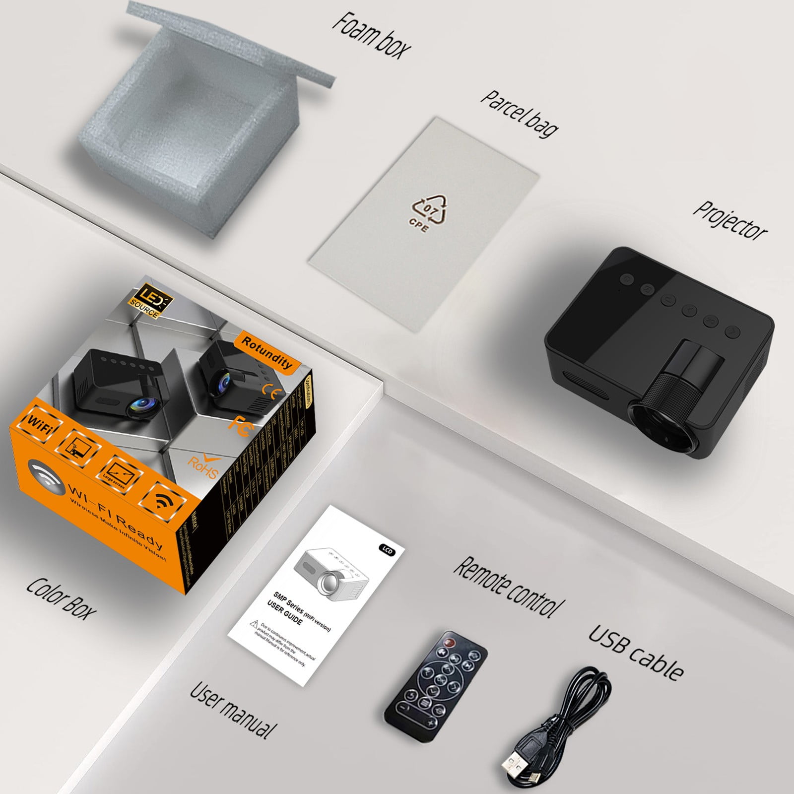Portable Projector for Smartphones and Laptops with USB Connectivity and Universal Device