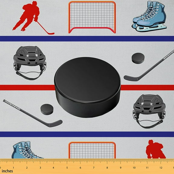 Homewish Cartoon Ice Hockey Fabric by the Yard 1 Yard for Kids, Modern Ball Sports Room Decor Fabric by the Yard, Black Fuchsia Sewing Fabric, Breathable Home Decor