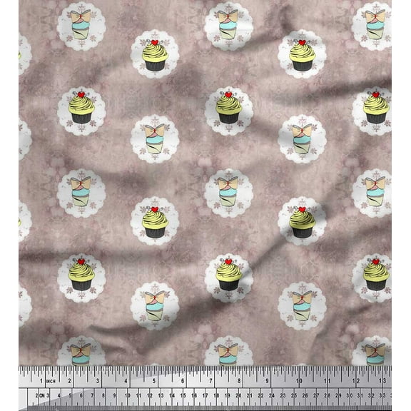 Soimoi Pink Cotton Voile Fabric Cupcakes Food Print Fabric by Yard 42 Inch Wide